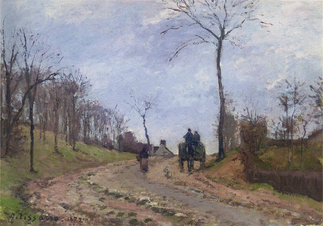 Carriage on a Country Road, Winter, Outskirts of Louveciennes by Camille Pissarro — hand-painted botanical oil painting reproduction on canvas