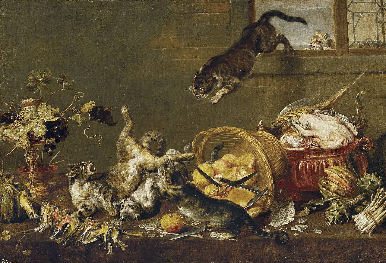 Cats fighting in a larder