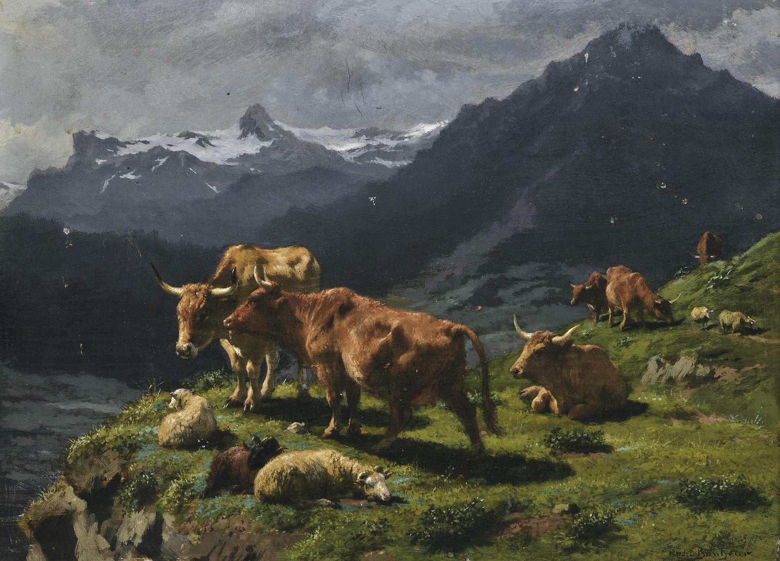 Cattle and sheep in an Alpine landscape