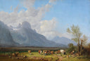 Cattle herders on the lakeside by Heinrich Bürkel — mountain oil painting wall art, Romanticism