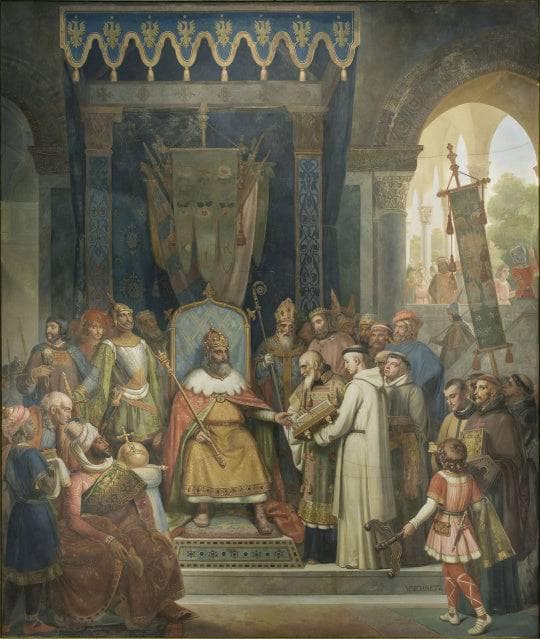 Charlemagne, surrounded by his main officers, receives Alcuin
