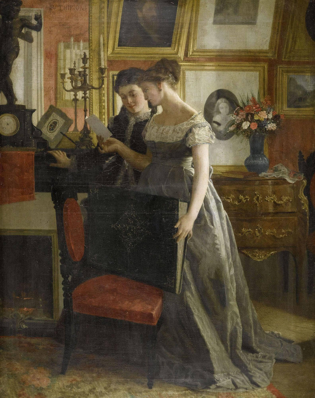 Two young women in a cabinet by Charles Victor Thirion — hand-painted portrait oil painting reproduction on canvas