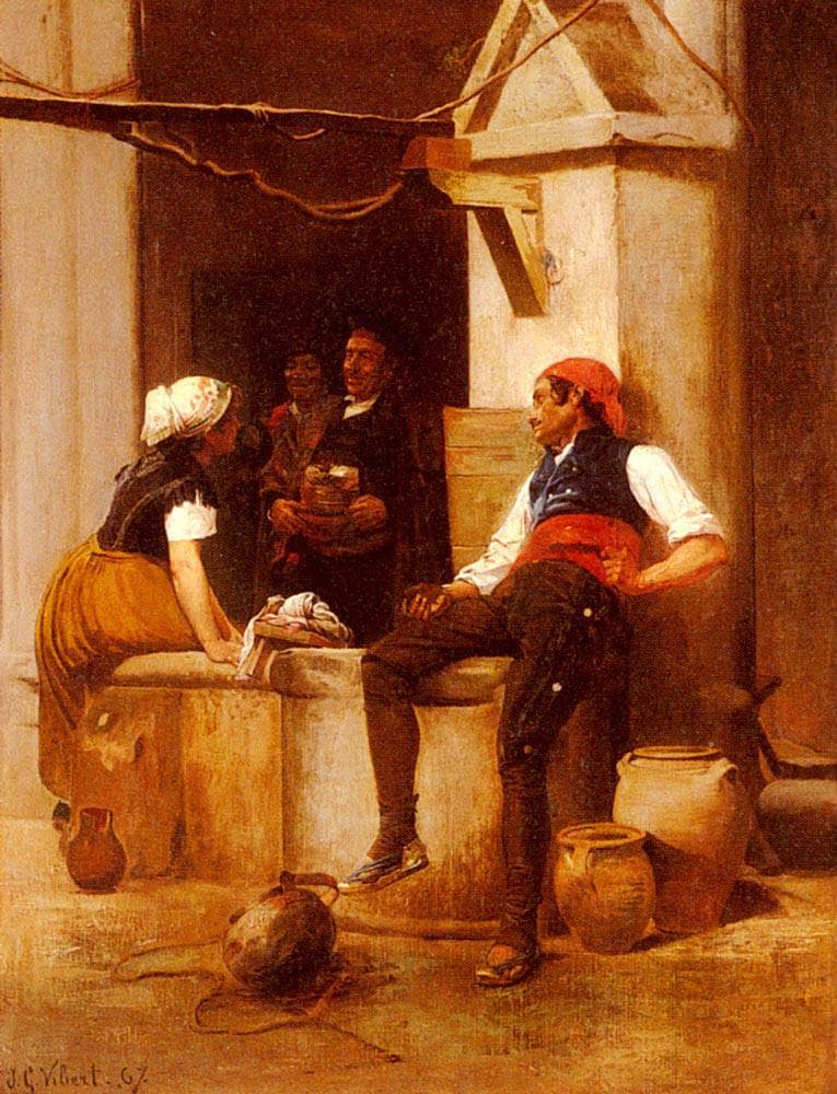 Chatting by the Fountain by Jehan Georges Vibert — hand-painted portrait oil painting reproduction on canvas