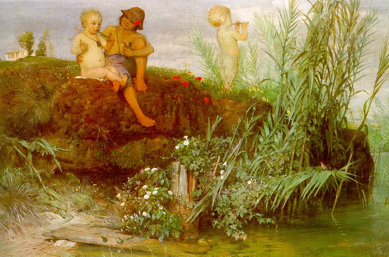 Children carving may flutes by Arnold Böcklin — hand-painted eco oil painting reproduction on canvas
