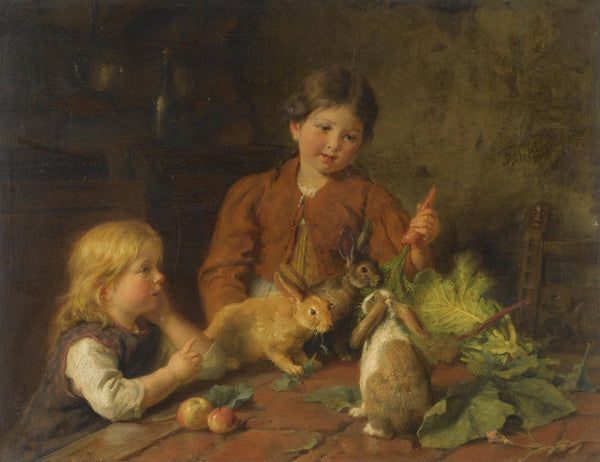 Children feeding rabbits