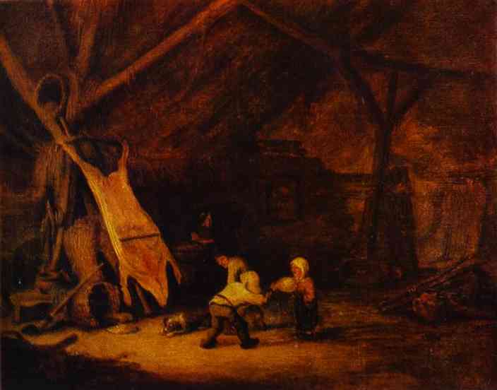 Children Playing in a Barn by Adriaen van Ostade — hand-painted landscape oil painting reproduction on canvas