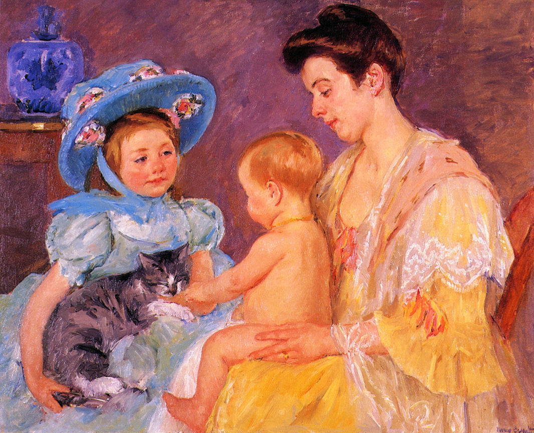 Children Playing with a Cat by Mary Cassatt, hand-painted animal oil painting reproduction on canvas