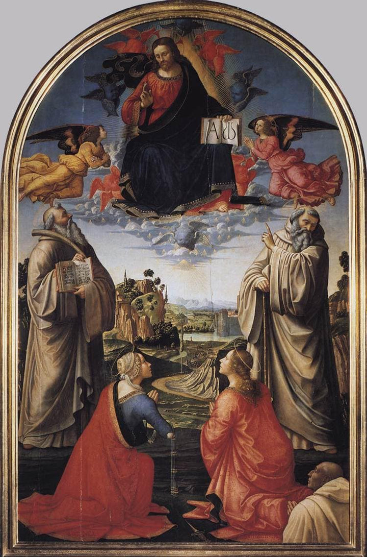 Christ in Glory with St. Benedict (c.480-547), St. Romuald (c.952-1027), St. Attinia, St. Grecinia and the donor, abbot Buonvicini by Domenico Ghirlandaio — hand-painted cultural oil painting reproduction on canvas