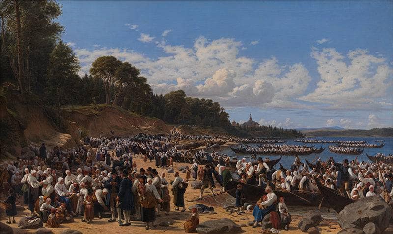 Church-Goers Arriving by Boat at the Parish Church of Leksand on Siljan Lake, Sweden