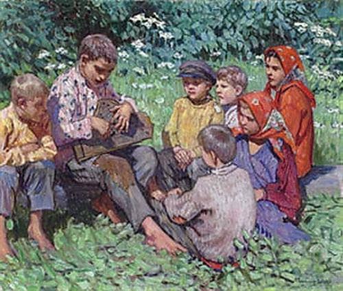 Cither Playing by Nikolay Bogdanov-Belsky — hand-painted portrait oil painting reproduction on canvas