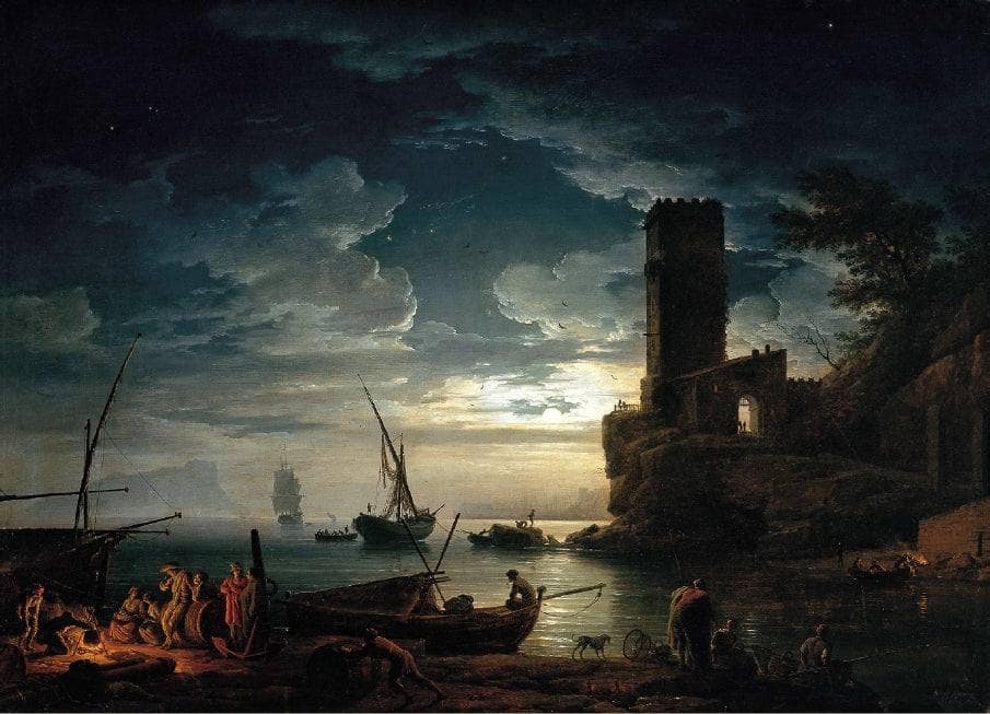 Nuit - Scène de côte méditerranéenne avec des pêcheurs et des bateaux by Claude-Joseph Vernet — hand-painted landscape oil painting reproduction on canvas