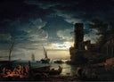 Nuit - Scène de côte méditerranéenne avec des pêcheurs et des bateaux by Claude-Joseph Vernet — hand-painted landscape oil painting reproduction on canvas