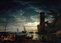 Nuit - Scène de côte méditerranéenne avec des pêcheurs et des bateaux by Claude-Joseph Vernet — hand-painted landscape oil painting reproduction on canvas