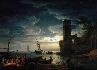 Nuit - Scène de côte méditerranéenne avec des pêcheurs et des bateaux by Claude-Joseph Vernet — oil painting reproduction