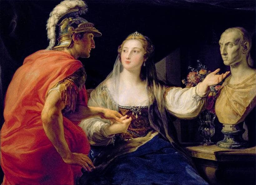 Cleopatra Showing Octavius the Bust of Julius Caesar by Pompeo Batoni — hand-painted portrait oil painting reproduction on canvas