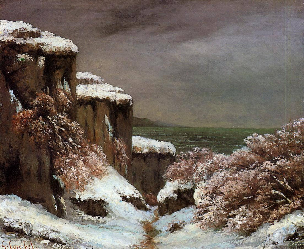 Cliffs by the Sea in the Snow by Gustave Courbet — hand-painted landscape oil painting reproduction on canvas