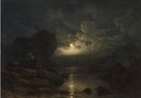 Coastal landscape with people living in moonlight by Knud Baade — hand-painted landscape oil painting reproduction on canvas
