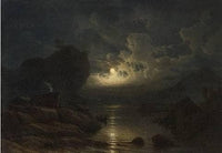 Coastal landscape with people living in moonlight by Knud Baade — hand-painted landscape oil painting reproduction on canvas