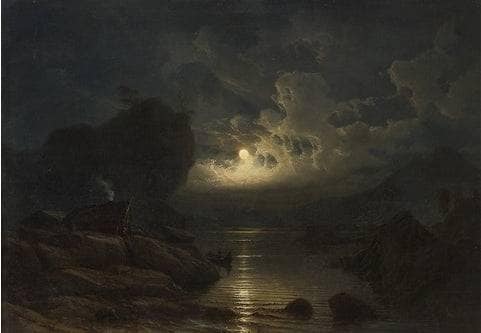 Coastal landscape with people living in moonlight