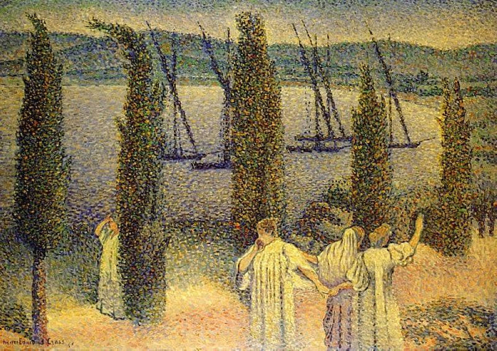 Coastal View with Cypress Trees by Henri-Edmond Cross — hand-painted botanical oil painting reproduction on canvas