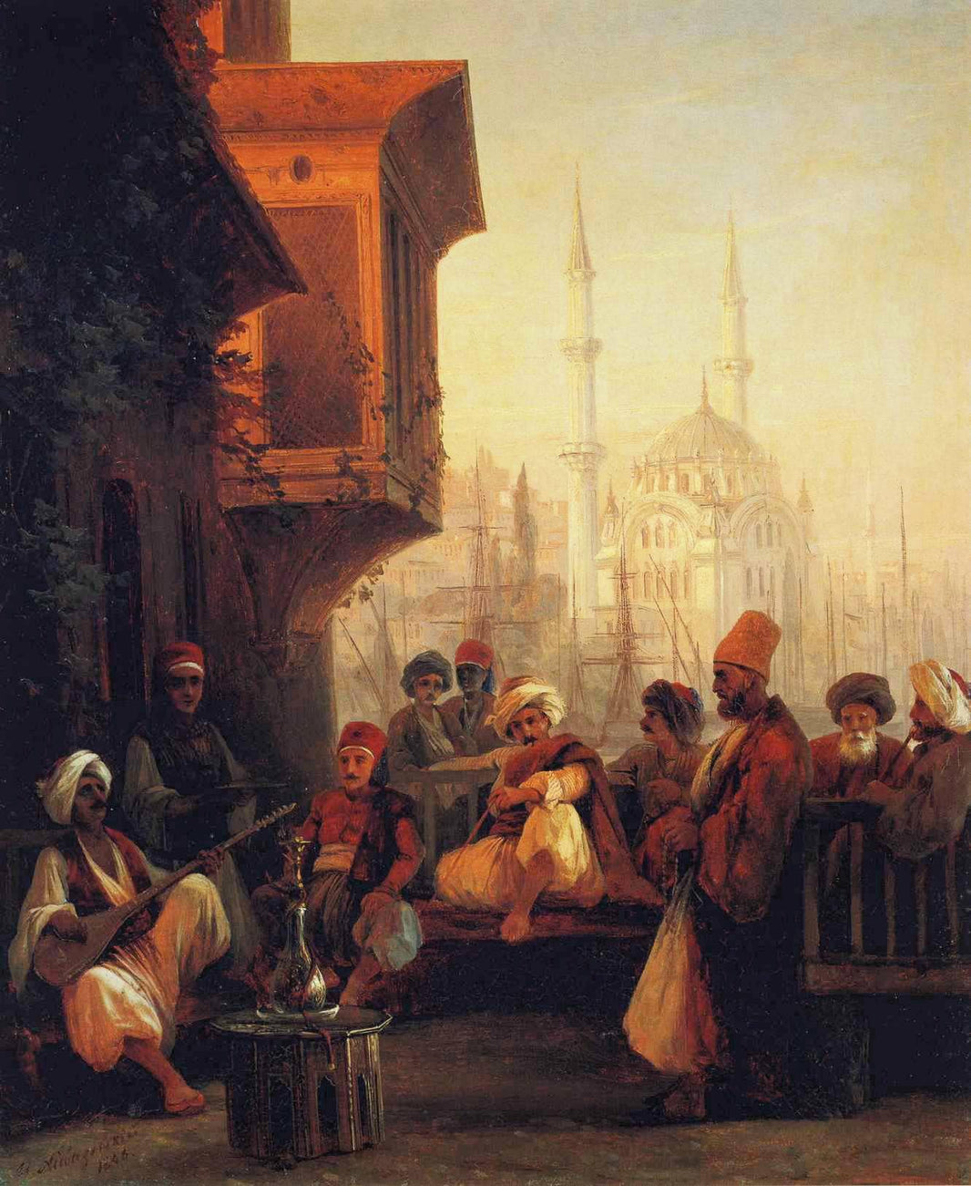 Coffee house by the Ortaköy Mosque in Constantinople by Ivan Aivazovsky — hand-painted architectural oil painting reproduction on canvas