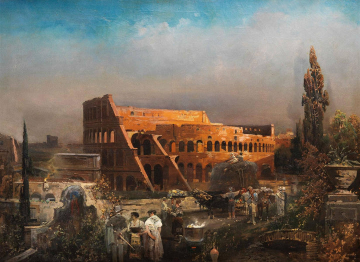 Colosseum in Rome (market people in front of the church of San Sebastiano al Palatino) by Robert Alott — hand-painted architectural oil painting reproduction on canvas