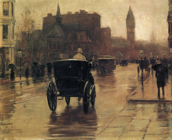 Columbus Avenue, Rainy Day by Childe Hassam — hand-painted architectural oil painting reproduction on canvas