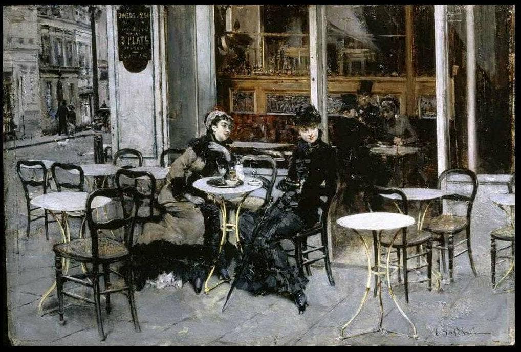 Conversation at the Cafe by Giovanni Boldini — hand-painted architectural oil painting reproduction on canvas