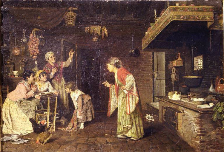 Conversation between women and girls in the kitchen of a peasant house - Giacomo Favretto