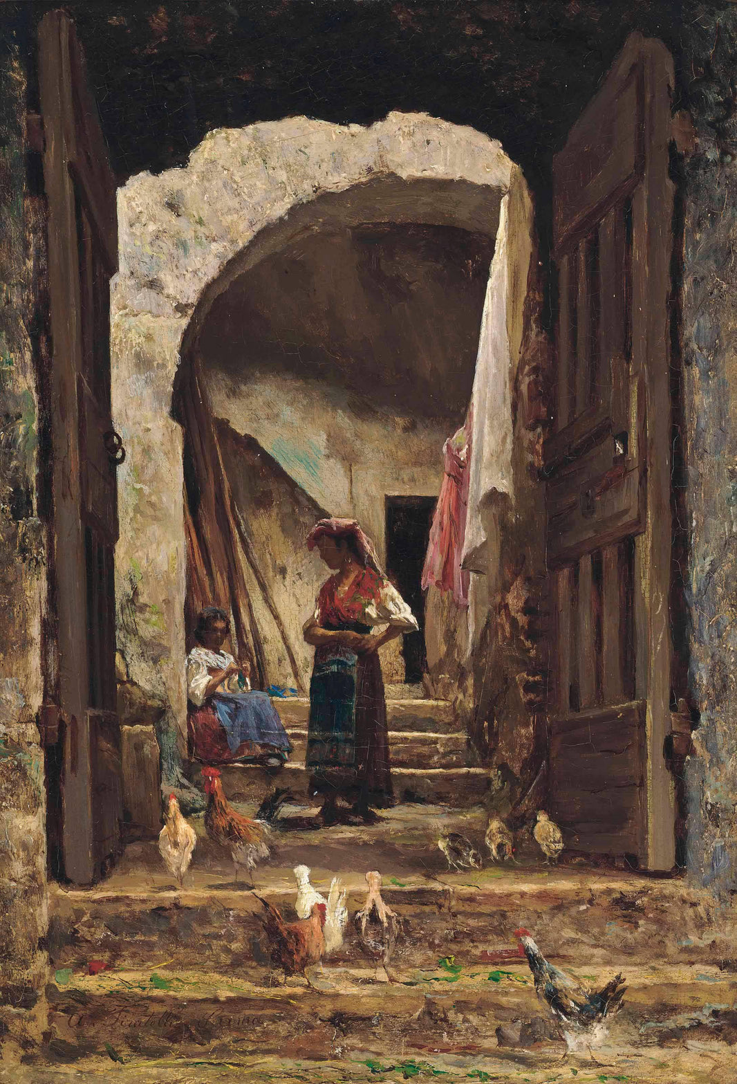 Conversation in an alleyway by Aurelio Tiratelli — hand-painted architectural oil painting reproduction on canvas