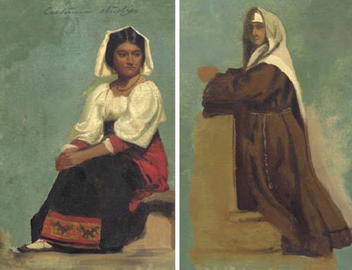 Costume Study of a Seated Woman and Italian Costume Sketch of a Kneeling Nun - Albert Bierstadt