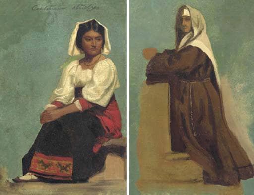 Costume Study of a Seated Woman and Italian Costume Sketch of a Kneeling Nun by Albert Bierstadt — hand-painted portrait oil painting reproduction on canvas