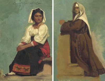 Costume Study of a Seated Woman and Italian Costume Sketch of a Kneeling Nun in entryway