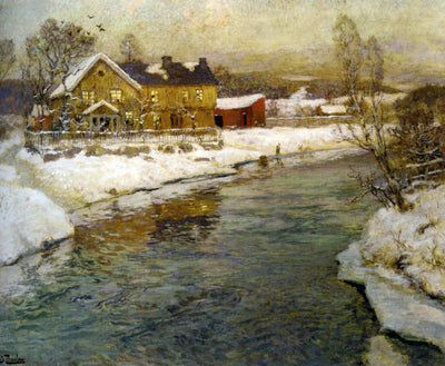 Cottage by a Canal in the Snow by Frits Thaulow — oil painting reproduction