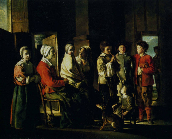 Country interior with the young player of flageolet