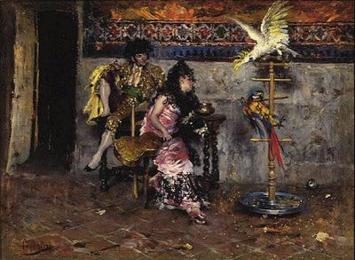 Couple in Spanish dress with two parrots (El Matador) in home office