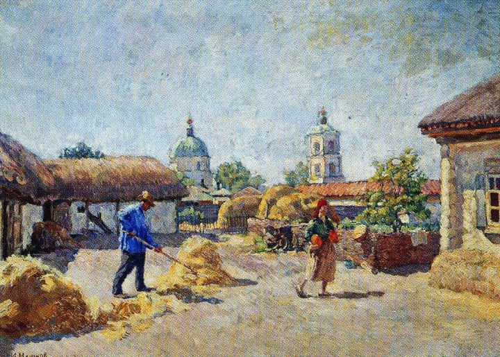 Courtyard in the village Mikhailovskaya by Ilya Mashkov — hand-painted architectural oil painting reproduction on canvas