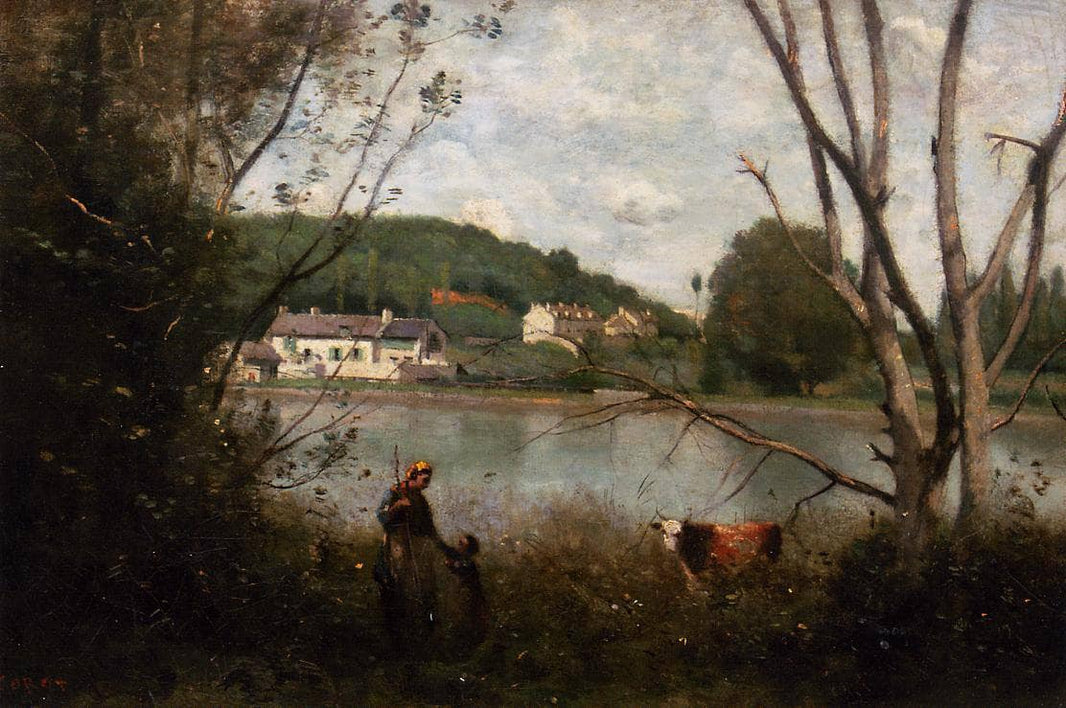 Cowherd and Her Child by Camille Corot — hand-painted animal oil painting reproduction on canvas