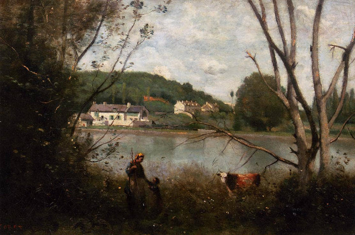 Cowherd and Her Child by Camille Corot — hand-painted animal oil painting reproduction on canvas