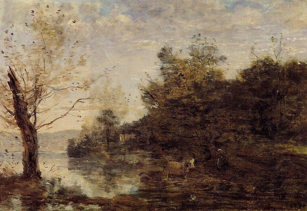 Cowherd by the Water by Camille Corot — hand-painted animal oil painting reproduction on canvas