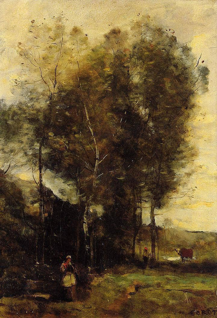 Cowherd in a Dell, Souvenir of Brittany by Camille Corot — hand-painted animal oil painting reproduction on canvas