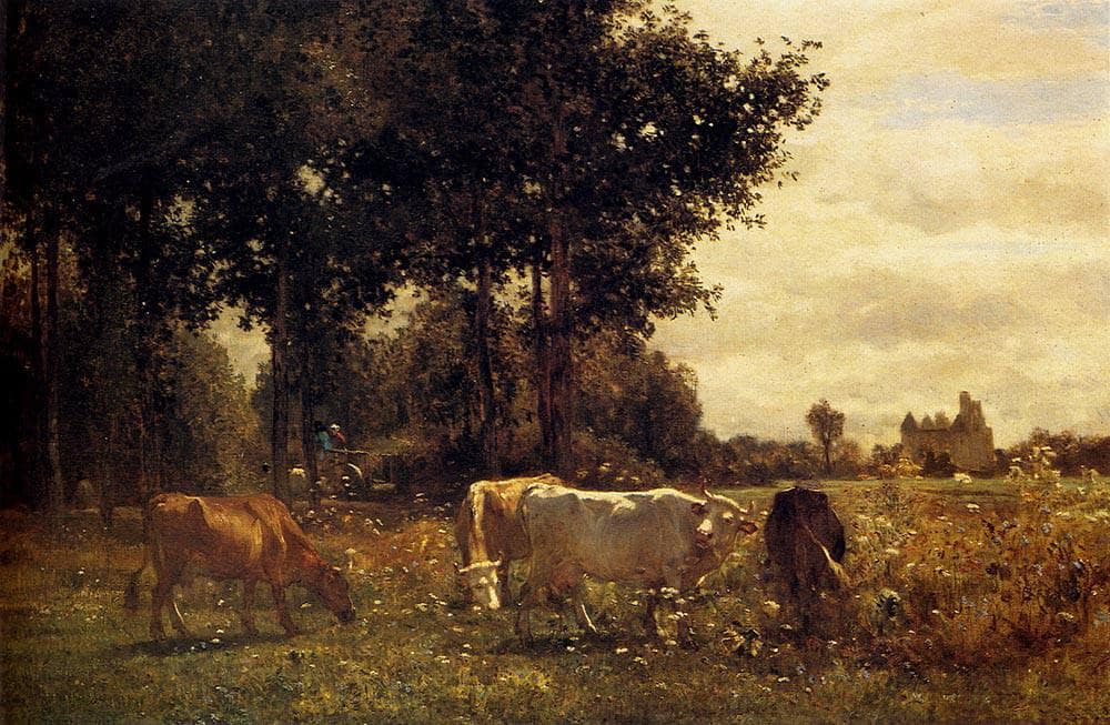 Cows Grazing by Constant Troyon — hand-painted animal oil painting reproduction on canvas