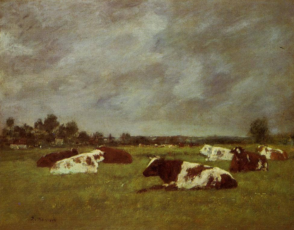 Cows in a Meadow, Morning Effect by Eugene Boudin — hand-painted animal oil painting reproduction on canvas