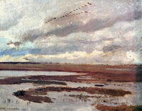 Cranes, Landscape from Meadow by Józef CheÅmoÅski — hand-painted landscape oil painting reproduction on canvas