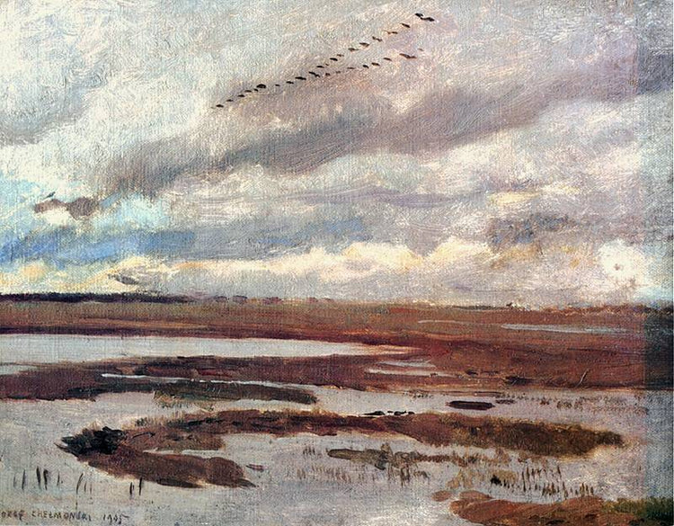 Cranes, Landscape from Meadow - Józef CheÅmoÅski