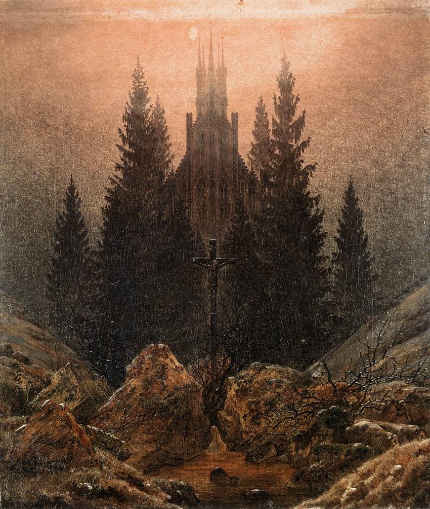 Cross and Church in the Mountains by Caspar David Friedrich — hand-painted botanical oil painting reproduction on canvas