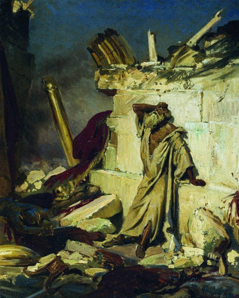Cry of prophet Jeremiah on the Ruins of Jerusalem (on a Bible subject) by Ilya Repin — hand-painted cultural oil painting reproduction on canvas