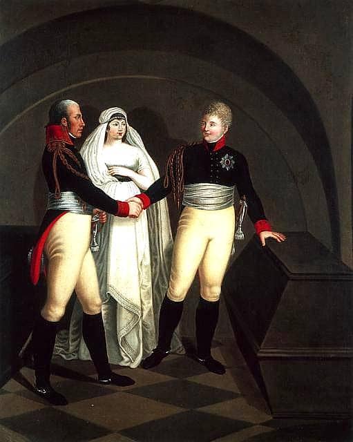 Czar Alexander I venerates the mortal remains of Frederick the Great in presence of King Frederick William III and Queen Louisa in 1805
