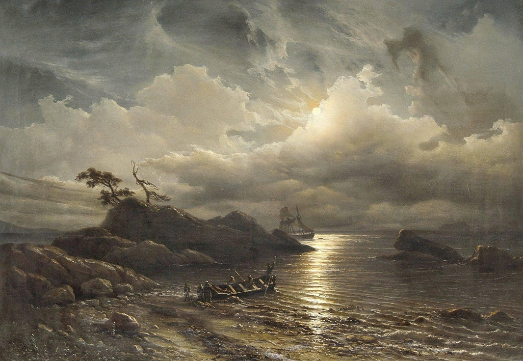 Norwegian Shore in Moonlight by Knud Baade — hand-painted landscape oil painting reproduction on canvas