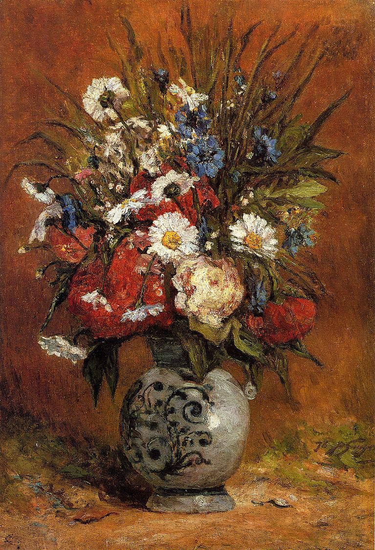 Daisies and peonies in blue vase by Paul Gauguin — hand-painted botanical oil painting reproduction on canvas